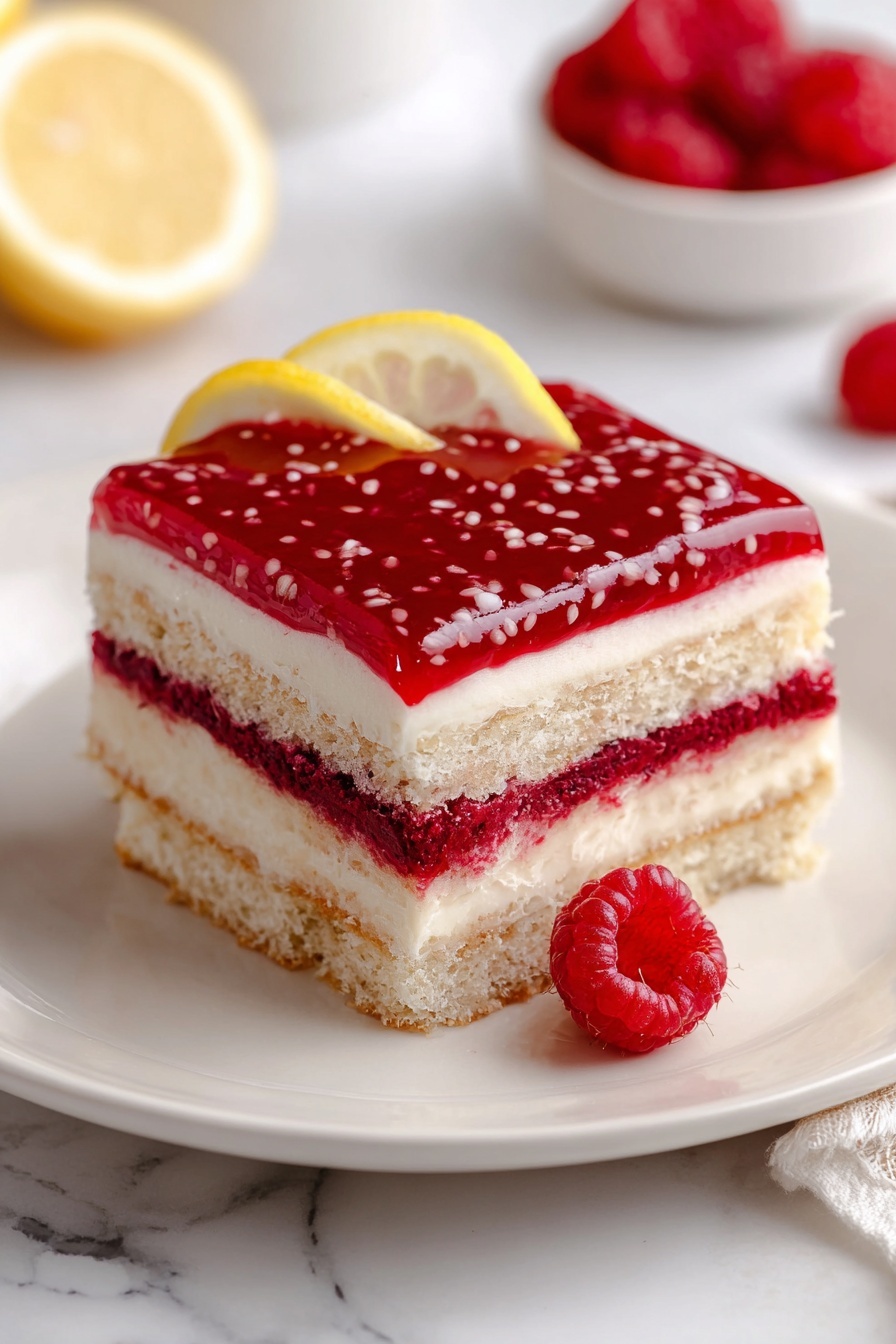 A square slice of layered dessert is shown on a white plate set on a white marbled surface. The dessert has four clear layers; from bottom to top, the first layer is a light beige cake base. The second layer is a smooth white cream. The third layer is a thick, bright red raspberry layer. The fourth layer is another light beige cake layer topped with a smooth white cream layer. The topmost layer is a glossy, deep red raspberry glaze with visible raspberry seeds. A thin lemon slice and a fresh raspberry sit on one corner of the dessert. In the background, a small white bowl with fresh raspberries is slightly out of focus, with a single raspberry and lemon slice placed on the white marbled surface nearby. Photo taken with an iphone --ar 2:3 --v 7 - Raspberry Tiramisu Delight, raspberry tiramisu dessert, fruity tiramisu, mascarpone raspberry treat, easy raspberry tiramisu