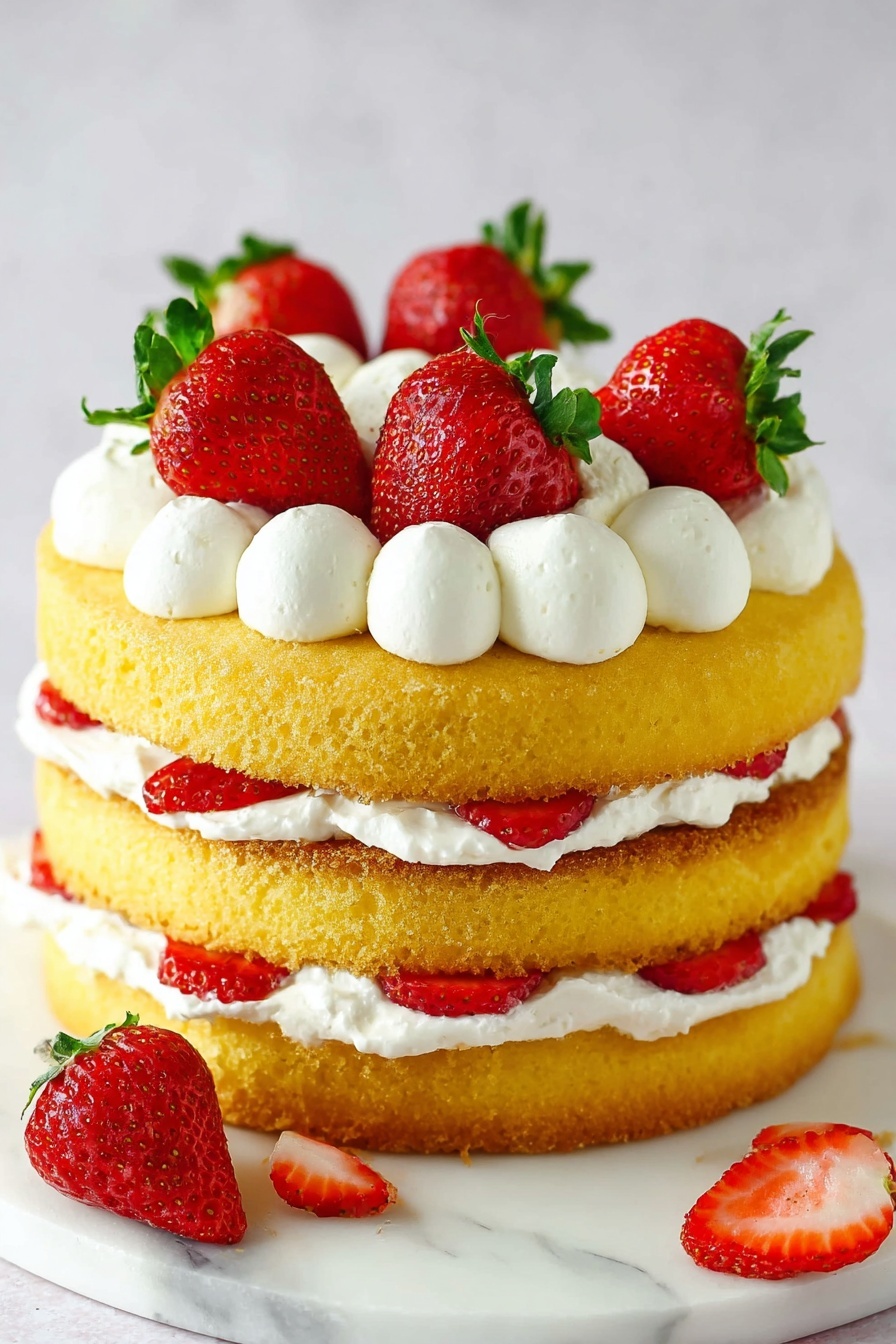 A slice of cake with two thick, soft yellow layers sits on a white plate with a decorative edge. Between the cake layers is a layer of white cream mixed with bright red strawberry slices. The strawberries are sliced thin and placed evenly with the cream, showing their juicy texture. On the side of the cake slice, there is a thick dollop of white cream topped with a whole strawberry half. In the background, there is a blurred white bowl filled with whole strawberries on a white marbled surface. photo taken with an iphone --ar 2:3 --v 7 - Strawberry Shortcake Cake, Strawberry Shortcake Cake Recipe, layered strawberry dessert, easy strawberry cake, summer dessert recipes