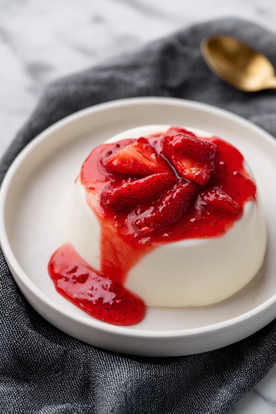 A close-up view of a glass jar filled with bright red strawberry jam, showing several large strawberry pieces floating in thick, shiny jam. A wooden spoon is dipped into the jar from the right side, partially visible, touching the jam near the rim. The jar is sitting on a surface with a white marbled texture. The jam looks smooth and glossy with a rich, deep red color. photo taken with an iphone --ar 2:3 --v 7 - Homemade Strawberry Pie Filling, strawberry pie filling, fresh strawberry filling, fruit pie filling, easy strawberry dessert