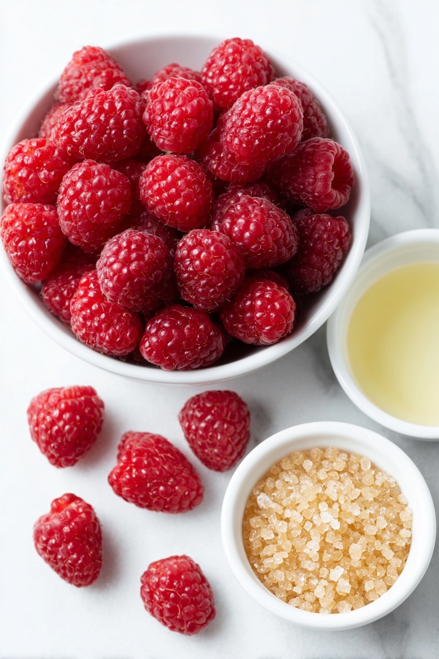 Flat lay of fresh red raspberries scattered neatly beside a small white ceramic bowl of clear water, a small white bowl filled with natural golden cane sugar crystals, and a tiny white bowl holding translucent vanilla extract, all arranged in perfect symmetry on a clean white marble surface, soft natural light, photo taken with an iPhone, professional food photography style, fresh ingredients, white ceramic bowls, no bottles, no duplicates, no utensils, no packaging --ar 2:3 --v 7 --p m7354615311229779997 - Raspberry Simple Syrup, raspberry syrup recipe, homemade raspberry syrup, fruity syrup for drinks, versatile fruit syrup