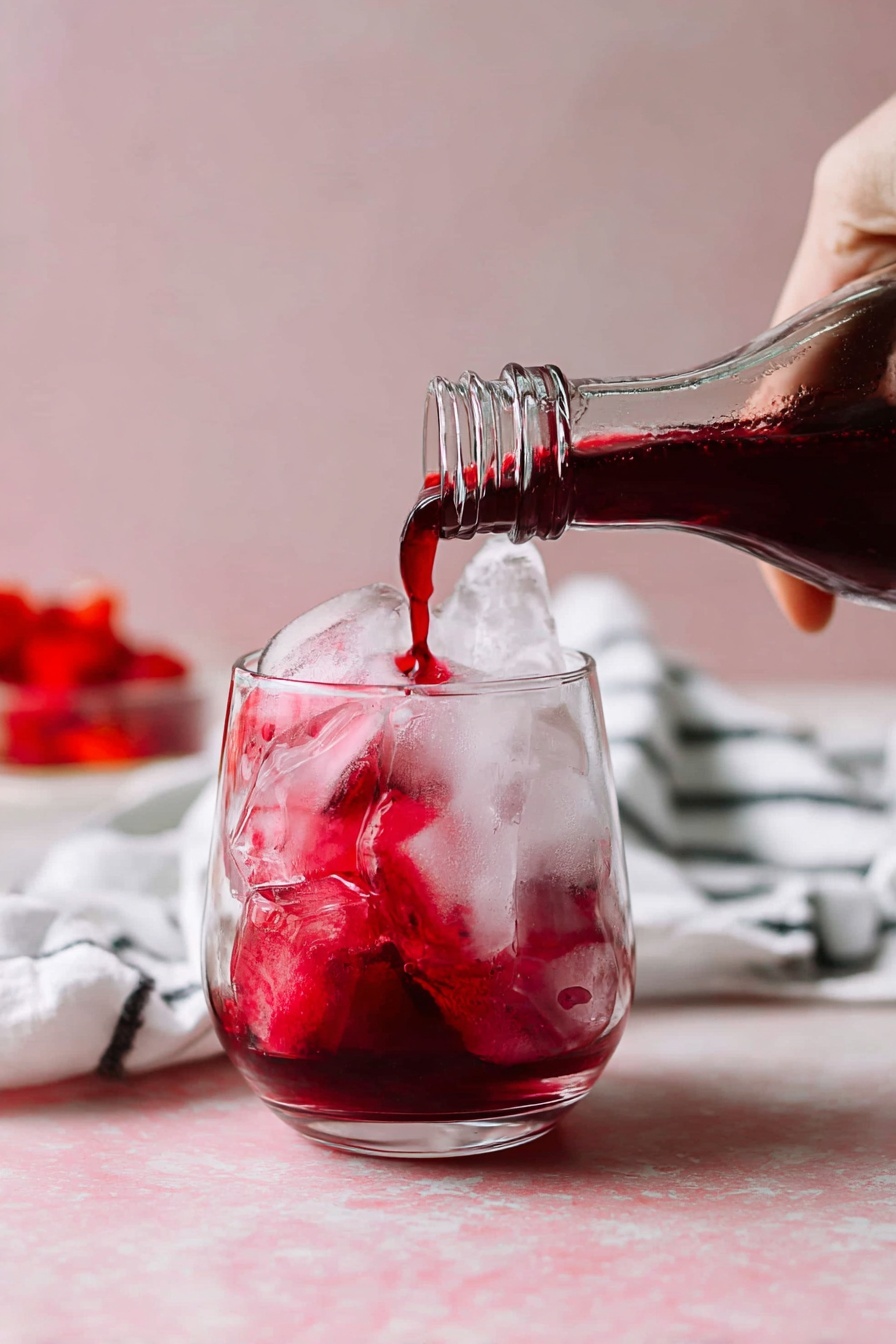 A clear glass filled with large ice cubes shows red liquid being poured into it from a glass bottle held by a woman's hand at the top right of the image. The red liquid swirls through the clear ice, creating a mix of deep red and translucent textures. The glass sits on a pink surface with a white marbled background softly blurred behind it. A white cloth with thin black stripes is seen in the background on the left side, and some red fruit is slightly out of focus in the upper middle and right parts of the image. photo taken with an iphone --ar 2:3 --v 7 - Raspberry Simple Syrup, raspberry syrup recipe, homemade raspberry syrup, fruity syrup for drinks, versatile fruit syrup