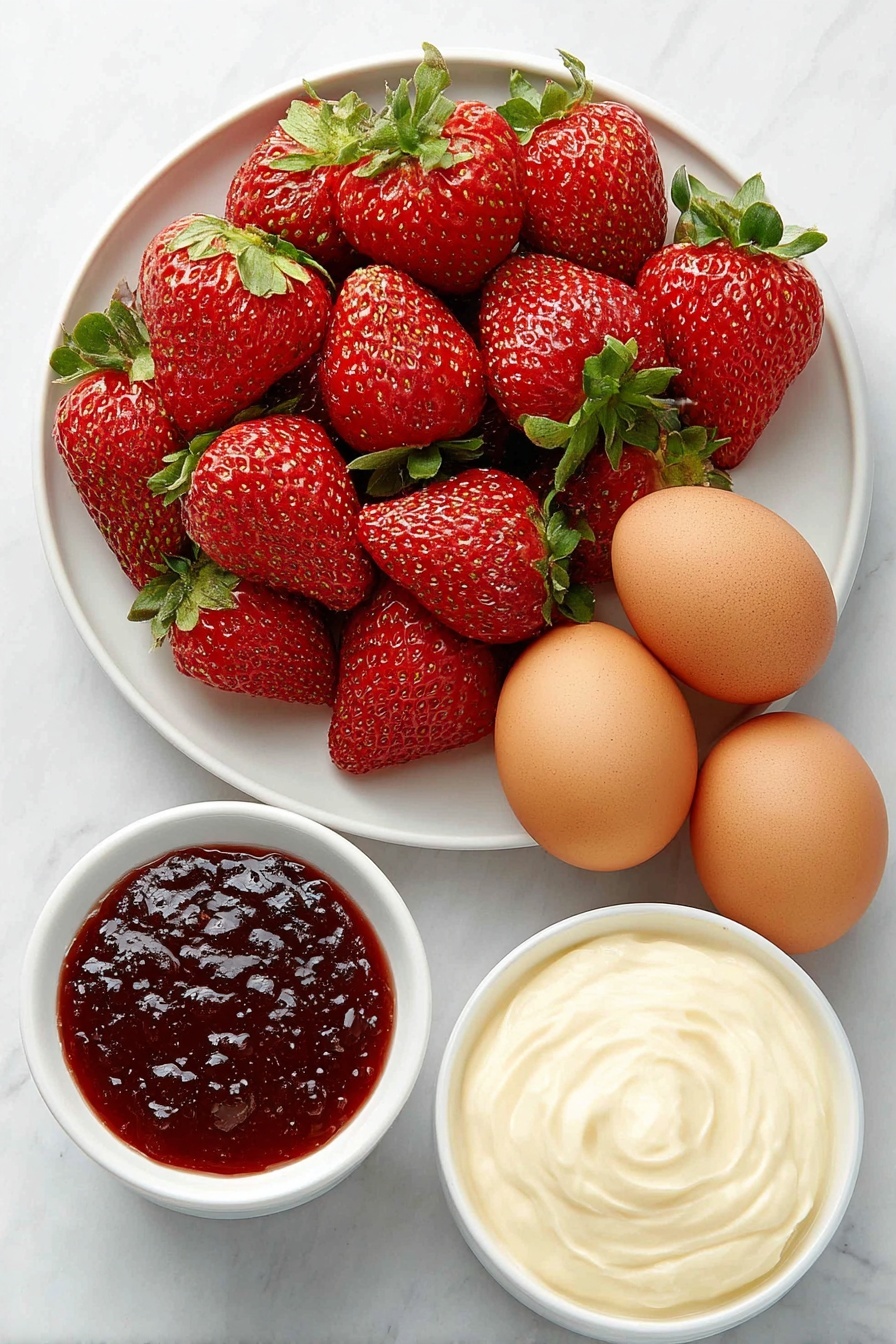 Flat lay of fresh whole ripe strawberries with green leaves, a small white ceramic bowl of bright red strawberry syrup, a small white ceramic bowl filled with creamy vanilla coffee creamer, two whole brown eggs with clean shells, and a crisp glass filled with clear ice cubes placed symmetrically on a simple white ceramic plate, placed on a clean white marble surface, soft natural light, photo taken with an iPhone, professional food photography style, fresh ingredients, white ceramic bowls, no bottles, no duplicates, no utensils, no packaging --ar 2:3 --v 7 --p m7354615311229779997 - Strawberry Soda Float with Vanilla Cream, strawberry soda float, vanilla cream float, fruit soda float, easy summer dessert