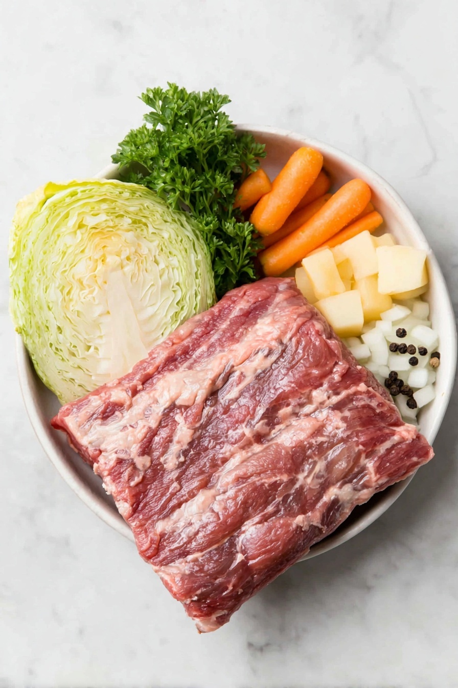 Flat lay of a fresh, lean corned beef brisket with trimmed fat, a small head of green cabbage cut into six wedges, two peeled medium carrots cut into chunks, two peeled medium parsnips cut into chunks, a small pile of frozen pearl onions, a small bunch of finely chopped fresh parsley, two whole bay leaves, and a few whole black peppercorns arranged neatly in a simple white ceramic bowl, all placed on a clean white marble surface, soft natural light, photo taken with an iPhone, professional food photography style, fresh ingredients, white ceramic bowls, no bottles, no duplicates, no utensils, no packaging --ar 2:3 --v 7 --p m7354615311229779997 - Slow Cooker Corned Beef and Cabbage, corned beef and cabbage dinner, easy slow cooker corned beef, Irish corned beef recipe, St. Patrick's Day corned beef