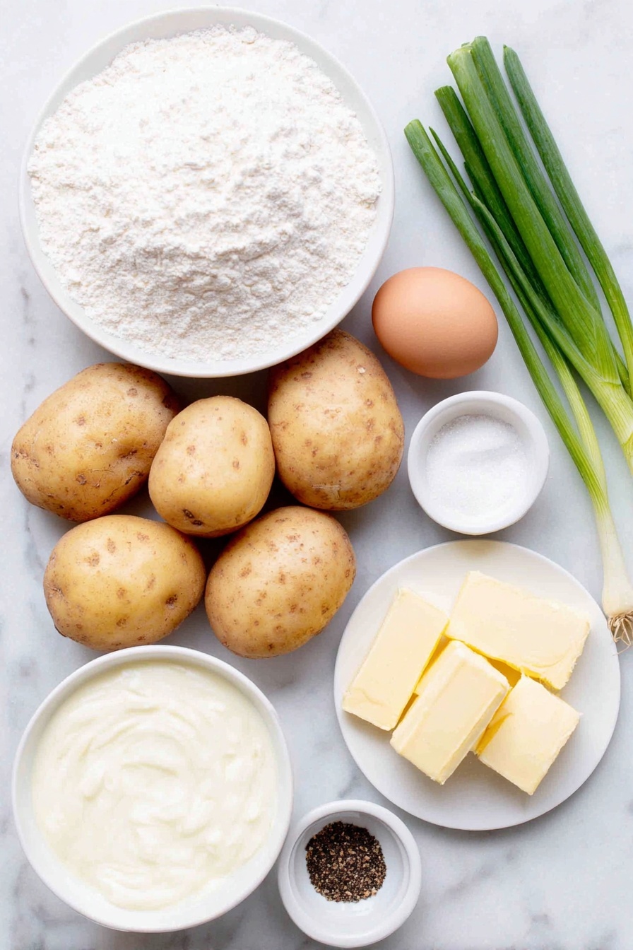 Flat lay of peeled and halved russet potatoes, a small mound of all-purpose flour on a white ceramic plate, a single large whole egg with a clean shell, thinly sliced fresh scallions arranged neatly on a white ceramic dish, a small white bowl filled with creamy buttermilk, a small white bowl holding fine kosher salt crystals, a small white bowl containing baking soda powder, a small white bowl with freshly ground black pepper, a few pats of unsalted butter stacked on a plain white ceramic plate placed on a clean white marble surface, soft natural light, photo taken with an iPhone, professional food photography style, fresh ingredients, white ceramic bowls, no bottles, no duplicates, no utensils, no packaging --ar 2:3 --v 7 --p m7354615311229779997 - Irish Potato Pancakes, Boxty Irish pancakes, traditional Irish potato pancakes, homemade Irish potato pancakes, Irish breakfast pancakes