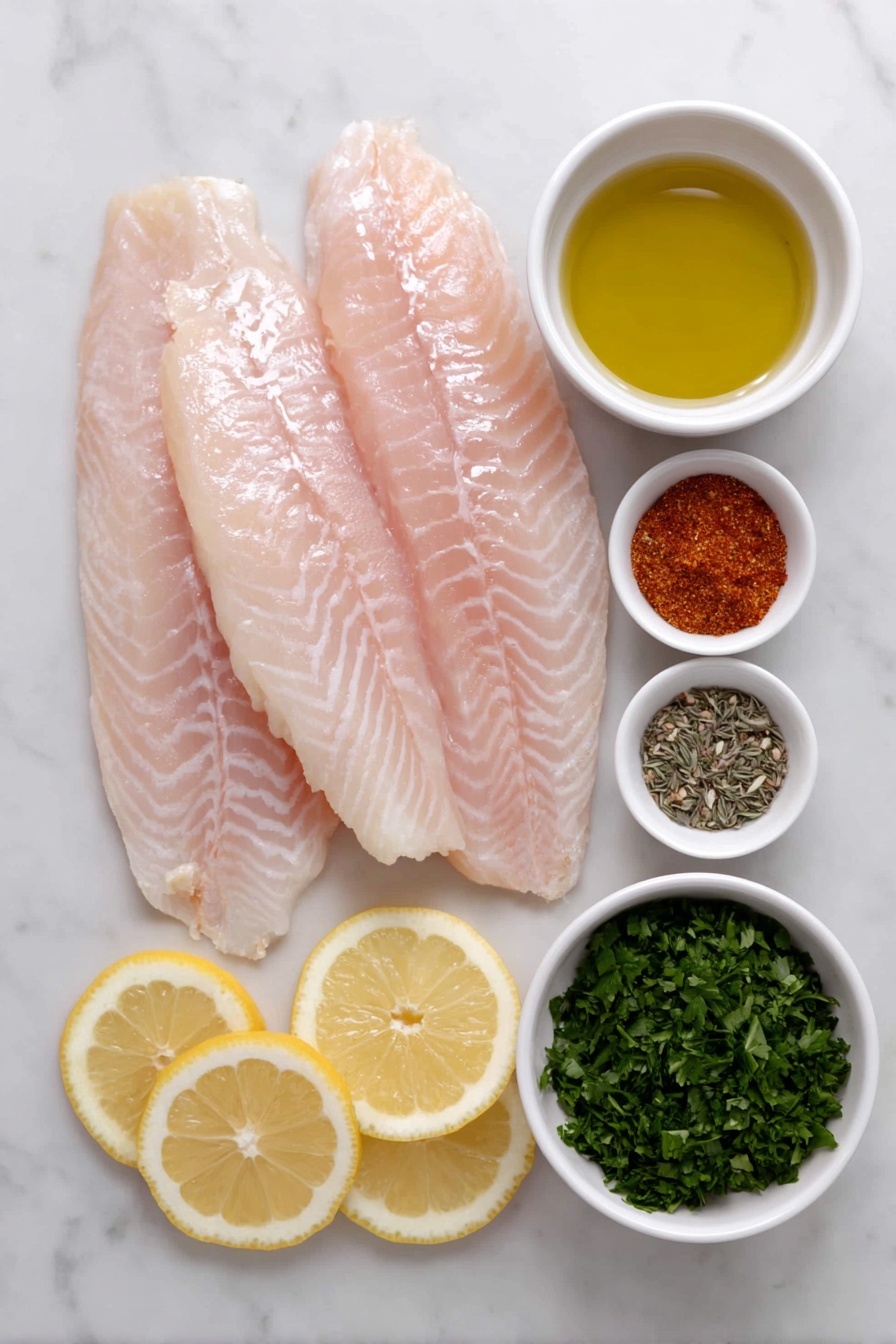 Flat lay of three fresh tilapia fillets with natural shine and texture, a small white ceramic bowl filled with golden olive oil, a small white ceramic bowl containing reddish paprika powder, a small white ceramic bowl with pale beige garlic powder, a small white ceramic bowl of dried thyme leaves, a small white ceramic bowl sprinkled with coarse kosher salt, a small white ceramic bowl of coarse ground black pepper, several bright yellow lemon wedges neatly arranged, and a small pile of vibrant green minced fresh parsley, all arranged in perfect symmetry on a clean white marble surface, soft natural light, photo taken with an iPhone, professional food photography style, fresh ingredients, white ceramic bowls, no bottles, no duplicates, no utensils, no packaging --ar 2:3 --v 7 --p m7354615311229779997 - Air Fryer Tilapia, healthy tilapia recipes, quick seafood dinner, crispy tilapia, easy fish recipes