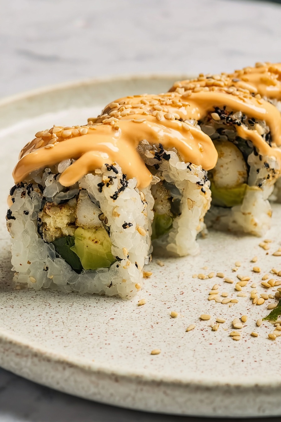 A sushi roll with five pieces is arranged closely on a white plate with a rough texture. The roll has a white rice outer layer sprinkled with black and white sesame seeds. Inside, there is a dark seaweed layer, followed by a green avocado layer, and a light brown shrimp tempura filling. On top of the roll is a thick, smooth, orange sauce drizzled evenly. Some sesame seeds are scattered around the plate on a white marbled surface. Photo taken with an iphone --ar 2:3 --v 7 - Dynamite Sushi Rolls with Tempura Shrimp, sushi rolls with tempura shrimp, spicy dynamite sushi, homemade sushi recipes, best sushi roll ideas