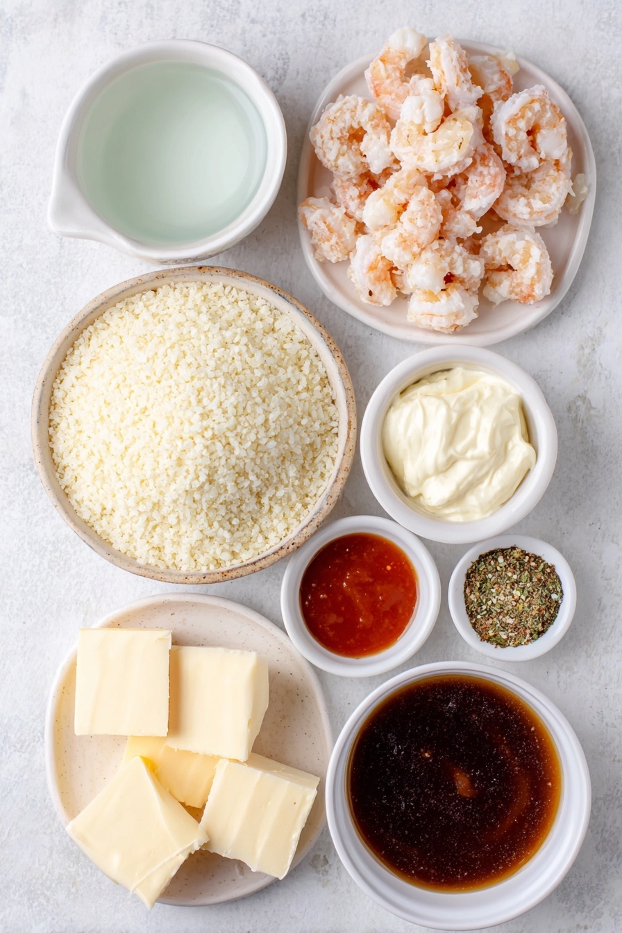Flat lay of dry Calrose sushi rice in a small mound, a simple white ceramic bowl of clear water, a small white bowl filled with light amber seasoned rice vinegar, chopped imitation crab pieces arranged neatly on a white plate, a few golden-brown cooked tempura shrimp chopped into small segments on a white dish, a small white bowl of creamy Japanese mayonnaise, a white ceramic bowl with a smooth block of cream cheese, a small white bowl of bright red sriracha sauce, a small white bowl of green and black furikake seasoning flakes, a small white bowl of rich, dark brown unagi sauce placed on a clean white marble surface, soft natural light, photo taken with an iPhone, professional food photography style, fresh ingredients, white ceramic bowls, no bottles, no duplicates, no utensils, no packaging --ar 2:3 --v 7 --p m7354615311229779997 - Spicy Crab Sushi Bake, sushi bake recipe, crab sushi casserole, baked sushi dish, spicy seafood appetizer
