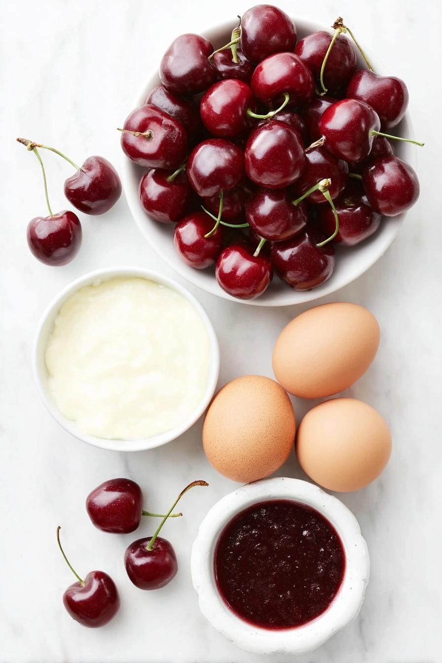 Flat lay of fresh whole cherries with glossy deep red skins, a few loose cherry pits beside them, two whole brown eggs with smooth clean shells, a small white ceramic bowl filled with creamy vanilla creamer, and a small white ceramic bowl containing rich dark maroon cherry juice, all arranged in perfect symmetry on a clean white marble surface, soft natural light, photo taken with an iPhone, professional food photography style, fresh ingredients, white ceramic bowls, no bottles, no duplicates, no utensils, no packaging --ar 2:3 --v 7 --p m7354615311229779997 - Cherry Soda with Vanilla Cold Foam, cherry soda drink, vanilla cold foam recipe, homemade cherry soda, refreshing cherry soda