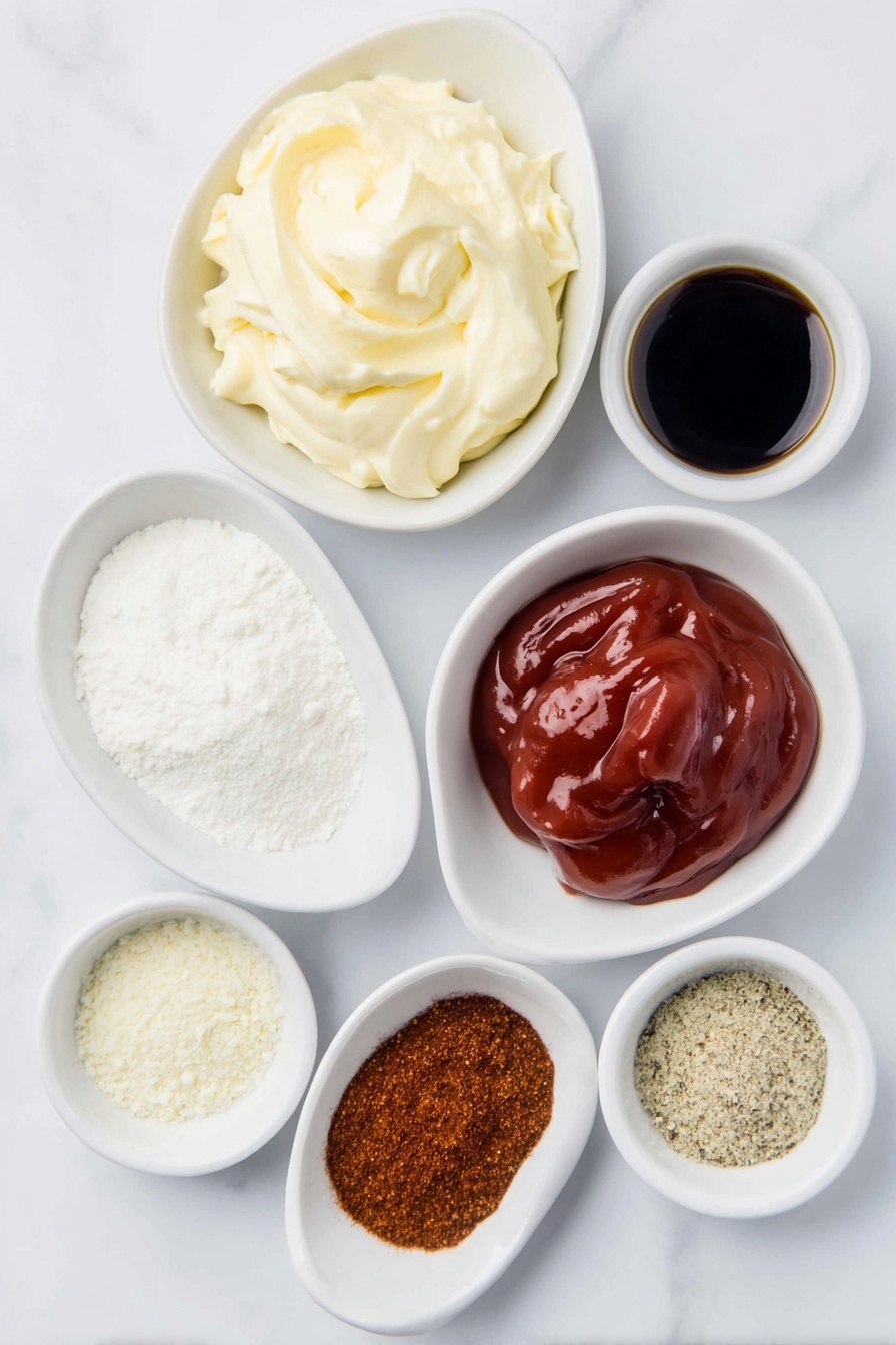 Flat lay of a small white ceramic bowl filled with creamy mayonnaise, a small white ceramic bowl of bright red ketchup, a small white ceramic bowl holding fine white garlic powder, a small white ceramic bowl with freshly ground black pepper, a small white ceramic bowl of clear white vinegar, a small white ceramic bowl containing dark Worcestershire sauce, a small white ceramic bowl with pale beige onion powder, and a small white ceramic bowl of reddish-brown Creole seasoning, all arranged symmetrically and balanced, placed on a clean white marble surface, soft natural light, photo taken with an iPhone, professional food photography style, fresh ingredients, white ceramic bowls, no bottles, no duplicates, no utensils, no packaging --ar 2:3 --v 7 --p m7354615311229779997 - Copycat Raising Cane's Sauce, Raising Cane's Dip, Homemade Raising Cane's Sauce, Easy Cane's Sauce, Restaurant Style Cane's Sauce