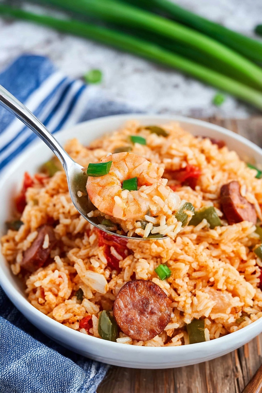 A white bowl filled with orange-colored rice mixed with sliced brown sausage, pink shrimp, small green pepper pieces, and bits of red tomato, showing a textured mix of soft rice and chunky ingredients. A silver spoon holds a scoop of the rice mixture with visible grains, bright green onion bits, and a small shrimp, held near the bowl in the center. The bowl is placed on a wooden surface with a blue cloth with white stripes nearby, and green onions are blurred in the background on a white marbled texture. Photo taken with an iphone --ar 2:3 --v 7 - Easy Instant Pot Jambalaya, Cajun Instant Pot dinner, quick jambalaya recipe, one-pot Cajun dish, flavorful Instant Pot meal