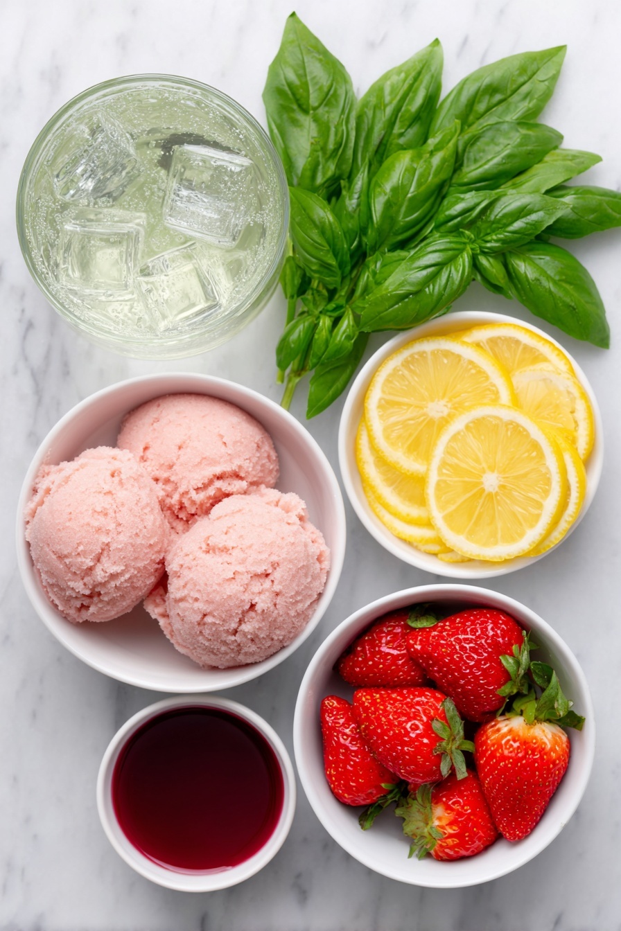 Flat lay of a small mound of smooth pink strawberry sherbet scoops, a few bright red sliced strawberries with green leaves, thin lemon slices with vibrant yellow rind, fresh green basil sprigs, a simple white ceramic bowl filled with clear cold water, another white bowl holding golden pineapple juice, a third small white bowl with pale pink frozen lemonade concentrate, all arranged neatly with a tall glass of sparkling clear lemon-lime soda showing tiny bubbles, and a medium white bowl containing deep red fruit punch juice, placed on a clean white marble surface, soft natural light, photo taken with an iPhone, professional food photography style, fresh ingredients, white ceramic bowls, no bottles, no duplicates, no utensils, no packaging --ar 2:3 --v 7 --p m7354615311229779997 - Pink Strawberry Sherbet Punch, Strawberry Sherbet Punch, Summer Fruit Punch, Easy Party Punch, Refreshing Fruit Punch