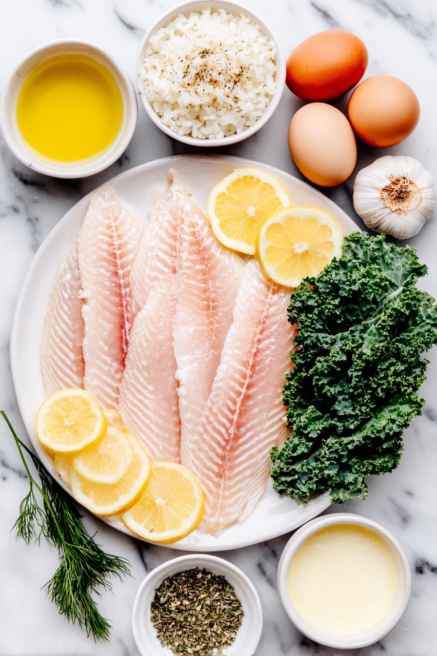 Flat lay of fresh raw tilapia fillets with thin lemon slices, whole uncracked brown eggs, a small mound of cooked fluffy basmati rice on a simple white ceramic plate, a few vibrant green kale leaves, several whole garlic cloves, a small white ceramic bowl of extra virgin olive oil, another small white bowl filled with creamy coconut milk, a small white bowl containing vegetable stock, a tiny white bowl with freshly squeezed lemon juice, a small white bowl of grated dairy-free parmesan cheese, and a neat arrangement of dried herbs (parsley, oregano, basil, thyme, dill) in a small white bowl placed symmetrically, all ingredients fresh and natural, placed on a clean white marble surface, soft natural light, photo taken with an iPhone, professional food photography style, fresh ingredients, white ceramic bowls, no bottles, no duplicates, no utensils, no packaging --ar 2:3 --v 7 --p m7354615311229779997 - Creamy Lemon Garlic Tilapia, lemon garlic tilapia, easy seafood dinner, healthy fish recipes, quick tilapia recipe