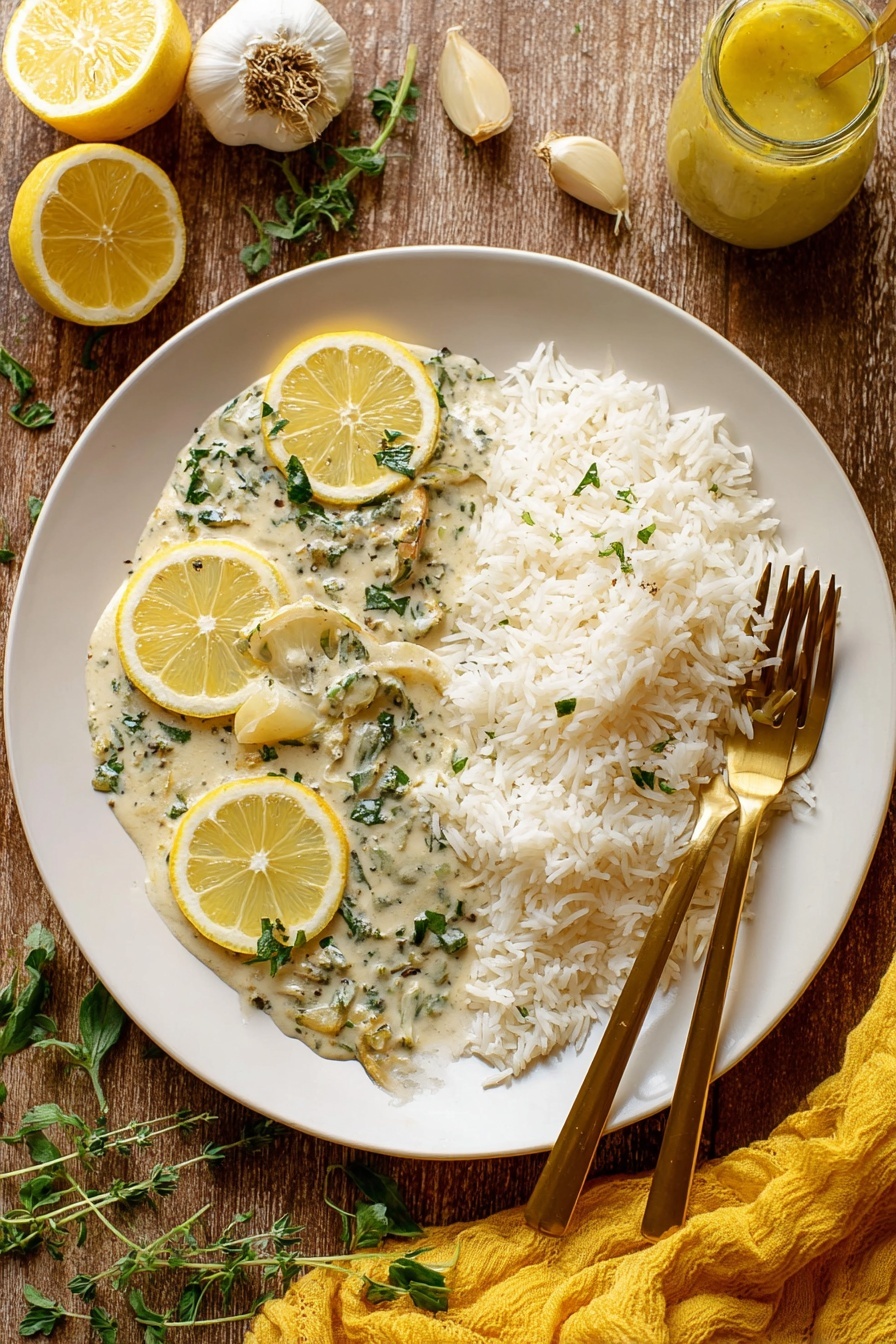 A white plate holds two main layers: on the right side is a pile of white rice with a soft, fluffy texture, while the left side features a creamy, pale green sauce with visible herbs and small vegetable chunks. On top of the sauce lie thin, yellow lemon slices, some partially covered by the sauce. Two golden forks rest on the right edge of the plate, one slightly placed on the rice. The plate sits on a rustic wooden surface with a bulb of garlic and sprigs of fresh green herbs nearby. A cut lemon half and a jar of yellow sauce are also visible around the plate. A yellow cloth is partially in the frame at the bottom right. Photo taken with an iphone --ar 2:3 --v 7 - Creamy Lemon Garlic Tilapia, lemon garlic tilapia, easy seafood dinner, healthy fish recipes, quick tilapia recipe
