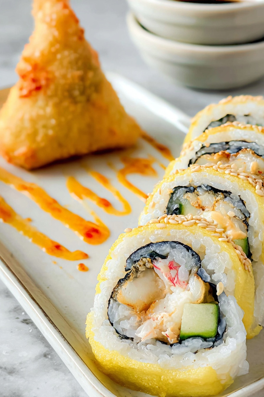 The image shows a close-up of two sushi rolls on a white marbled surface. Each roll has several layers: the outer layer is white rice with a light yellow sauce drizzled on top and sprinkled with small white sesame seeds. Inside, there is a dark green seaweed layer wrapping around the filling. The filling includes a thin white and red spiral piece of imitation crab, light beige tempura bits, and a small slice of green cucumber. The texture of the rice looks soft and sticky, while the seaweed is smooth and slightly shiny. Photo taken with an iphone --ar 2:3 --v 7 - Godzilla Shrimp Tempura Roll, shrimp tempura sushi roll, crispy shrimp sushi, spicy tempura roll, homemade sushi rolls