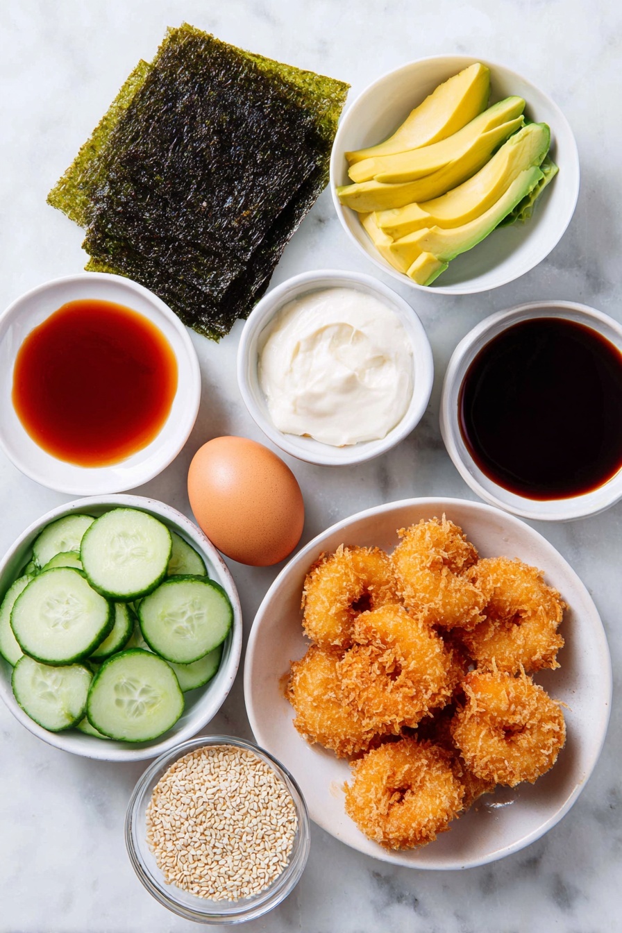 Flat lay of a small mound of cooked sticky sushi rice in a simple white ceramic bowl, two flat shiny dark green nori seaweed sheets, six golden crispy tempura shrimp pieces arranged neatly, a few fresh cucumber slices with bright green skin and pale interiors, a few ripe sliced avocado pieces with smooth pale green flesh, a few slices of vibrant yellow mango, a small white bowl of glossy pale maple syrup mixed with dark soy sauce, a small white bowl of creamy pale olive oil mayonnaise blended with bright red sriracha and a few drops of dark toasted sesame oil, a small white bowl filled with tiny pale tan sesame seeds, two whole uncracked brown eggs placed side by side, all items symmetrically arranged on a clean white marble surface, soft natural light, photo taken with an iPhone, professional food photography style, fresh ingredients, white ceramic bowls, no bottles, no duplicates, no utensils, no packaging --ar 2:3 --v 7 --p m7354615311229779997 - Dynamite Sushi Rolls with Tempura Shrimp, sushi rolls with tempura shrimp, spicy dynamite sushi, homemade sushi recipes, best sushi roll ideas