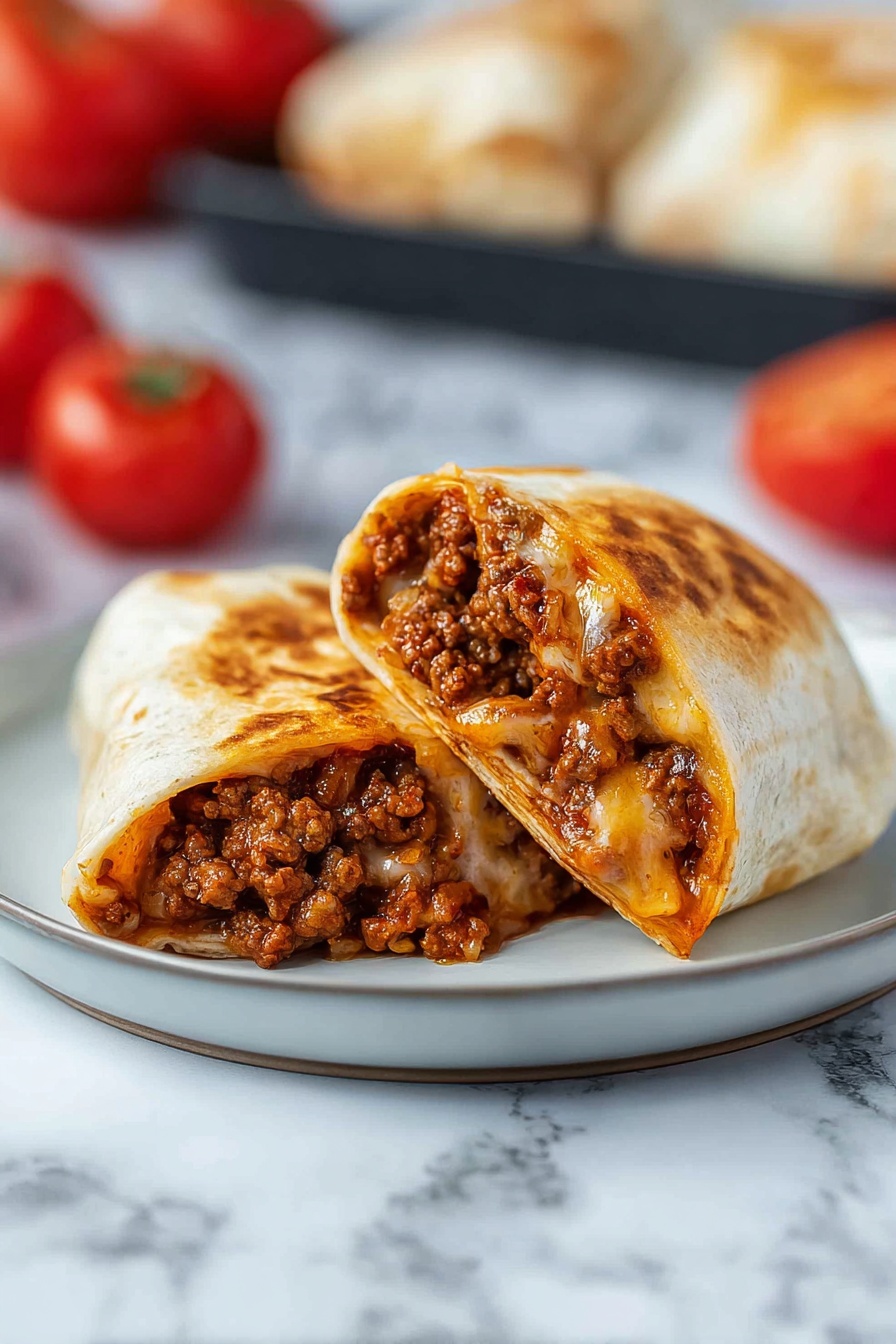 Two halves of a burrito are placed on a white plate, showing a rich filling inside. The burrito has a slightly browned, soft tortilla wrap as the outer layer. Inside, the filling has two clear layers: a deep brown ground meat mixed with small bits of tomato and spices, and a light creamy layer of melted cheese that stretches slightly at the edges. The overall texture looks warm and soft with the meat filling slightly chunky and moist. In the blurred background, there are whole red tomatoes and more burritos on a black tray against a white marbled surface. Photo taken with an iphone --ar 2:3 --v 7 - High Protein Pepperoni Pizza Rolls, healthy pizza snacks, protein-packed pizza rolls, easy homemade pizza rolls, quick game night snacks