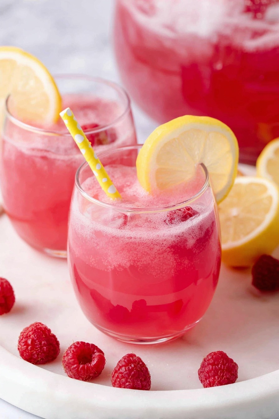 The image shows two clear glasses filled with a foamy, bright pink drink that has a slightly thick texture. Each glass has a slice of lemon placed on the rim and a yellow straw with white dots. Inside the drinks, there are some raspberries floating near the top and a few more raspberries scattered around the glasses on a round white marble tray. In the background, there is a clear punch bowl filled with the same pink drink on a white marble surface, creating a fresh and vibrant look. photo taken with an iphone --ar 2:3 --v 7 - Baby Shower Raspberry Lemonade Punch, sparkling baby shower drinks, easy party punch recipes, raspberry lemonade beverage, festive non-alcoholic punch