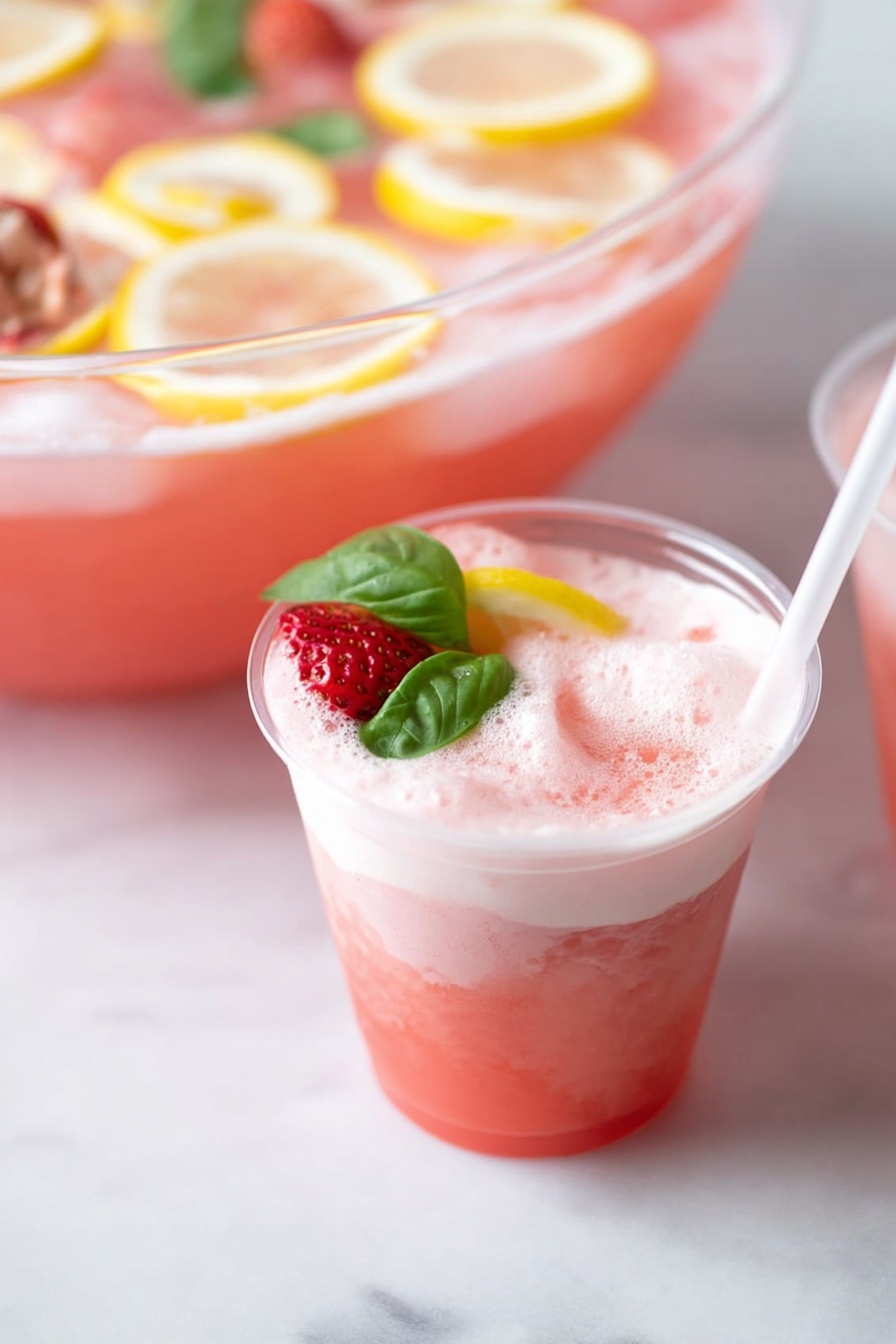 The image shows a clear cup filled with a pink frothy drink that has two visible layers: a thicker, deeper pink layer at the bottom and a lighter, foamier pink top layer. On top, there is a lemon wedge, a small green basil leaf, and a slice of strawberry resting on the foam. A white straw is placed inside the cup. Behind the cup, there is a large clear bowl filled with the same pink drink and lemon slices floating on top, all set on a white marbled surface. Photo taken with an iphone --ar 2:3 --v 7 - Pink Strawberry Sherbet Punch, Strawberry Sherbet Punch, Summer Fruit Punch, Easy Party Punch, Refreshing Fruit Punch