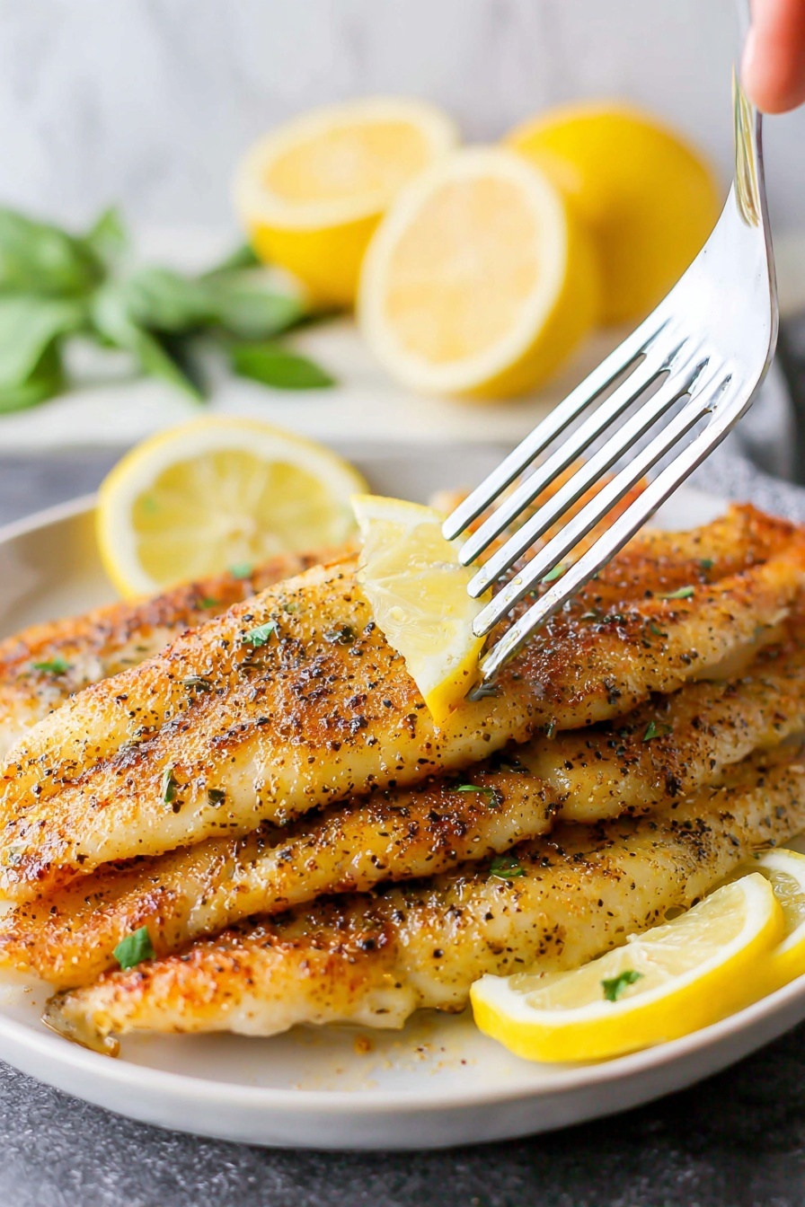 The image shows a white plate with three cooked fish fillets stacked on top of each other. Each fillet is golden brown with a slightly crispy texture, sprinkled evenly with black pepper and herbs. There are thin lemon slices placed between the fillets and on top as decoration. A metal spatula is lifting the top fillet, held by a woman's hand. The background features a white marbled texture with out-of-focus lemon halves and green herb leaves for color contrast. Photo taken with an iphone --ar 2:3 --v 7 - Air Fryer Tilapia, healthy tilapia recipes, quick seafood dinner, crispy tilapia, easy fish recipes