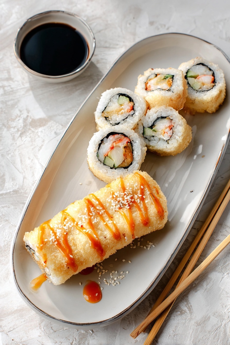 The image shows three pieces of sushi rolls on a white plate with a white marbled surface underneath. Each roll has four layers: the outermost layer is a light yellow thin batter with some white sesame seeds sprinkled on top, followed by a thin black seaweed layer inside. Inside the seaweed layer, there is white sticky rice surrounding the inner fillings. The innermost fillings include pieces of light pink crab stick, green cucumber, and some white cream or sauce. To the left side of the rolls on the plate, there is a triangular fried item with a drizzle of orange sauce on top. In the background, there are two small stacked white bowls. photo taken with an iphone --ar 2:3 --v 7 - Godzilla Shrimp Tempura Roll, shrimp tempura sushi roll, crispy shrimp sushi, spicy tempura roll, homemade sushi rolls