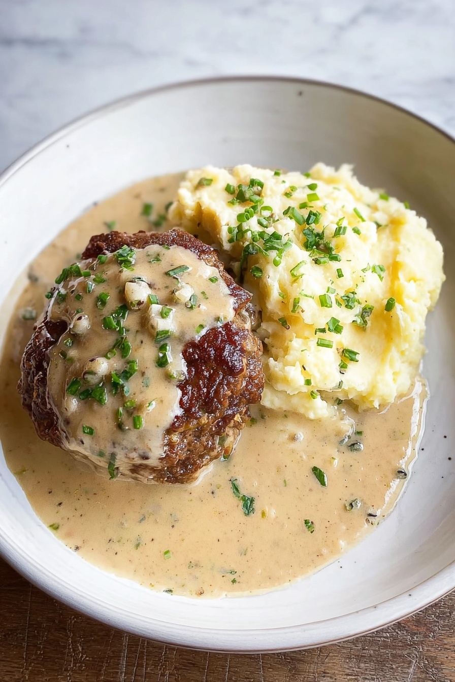 A white round plate holds two main layers: on the left, a dark brown, crispy meat patty topped with creamy beige gravy sprinkled with small bright green chopped herbs, and on the right, a smooth pile of light yellow mashed potatoes partially covered by the same beige gravy and scattered with the green herbs. The creamy gravy pools around both the meat and potatoes, adding a rich texture contrast. The plate sits on a white marbled surface. photo taken with an iphone --ar 2:3 --v 7 - Creamy Whiskey Hamburger Steaks, whiskey hamburger steak recipe, hearty hamburger steak with whiskey sauce, easy whiskey beef skillet, comforting hamburger steak dinner