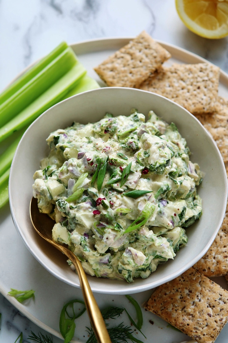 A white bowl is filled with a chunky green salad that looks creamy and mixed with small pieces of white and purple, likely from chopped vegetables and herbs scattered within it. The salad is topped with small green leaves and red specks. A gold-colored spoon rests inside the bowl on the left side. The bowl sits on a white plate that has a slightly worn and rough edge texture. Around the bowl, there are light green celery sticks and curled dark green leafy herbs. Some beige, hexagonal crackers with a grainy texture are placed behind the bowl. In the top right corner, a half lemon is visible. The whole setup is placed on a white marbled surface. photo taken with an iphone --ar 2:3 --v 7 - Herby Avocado Egg Salad, avocado egg salad, healthy egg salad, quick egg salad recipe, fresh herb egg salad