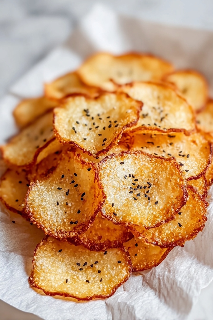 A pile of thin, round, golden-brown crispy chips with slightly dark edges sits on white parchment paper. Each chip has a rough texture and small black sesame seeds sprinkled on top, adding contrast to the warm golden color. The chips overlap each other in a layered stack, filling most of the frame against a white marbled surface background. photo taken with an iphone --ar 2:3 --v 7 - Cottage Cheese Chips, healthy cottage cheese snack, keto-friendly chips, high-protein snacks, easy cottage cheese recipe