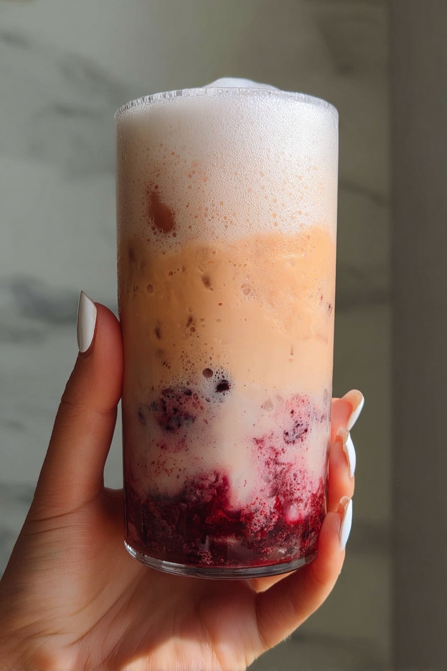 A clear glass filled with a creamy pink drink with small dark pieces inside, topped with a layer of thick white foam that almost reaches the rim. The glass is held by a woman's hand with white painted nails in the bottom right corner. In the background, there is another similar glass with a straw, two red soda cans, and a small white bowl with dark red cherries, all placed on a white marbled surface with a blurred vase holding green and brown flowers and a lit gray candle behind. photo taken with an iphone --ar 2:3 --v 7 - Cherry Soda with Vanilla Cold Foam, cherry soda drink, vanilla cold foam recipe, homemade cherry soda, refreshing cherry soda