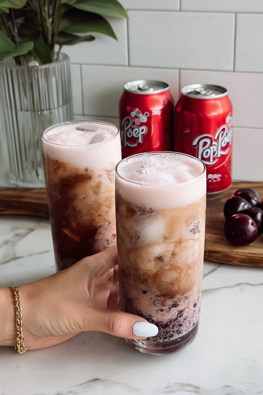 A tall clear glass filled with a three-layer iced drink is shown being held by a woman's hand with white nail polish. The bottom layer is a mix of dark red and purple crushed berries with a rough texture. Above that is a thick, light orange layer that looks creamy and smooth, with small bits of berries floating inside. The top layer is a thick white foam with bubbles at the rim of the glass. The background is a white marbled texture. Photo taken with an iphone --ar 2:3 --v 7 - Cherry Soda with Vanilla Cold Foam, cherry soda drink, vanilla cold foam recipe, homemade cherry soda, refreshing cherry soda