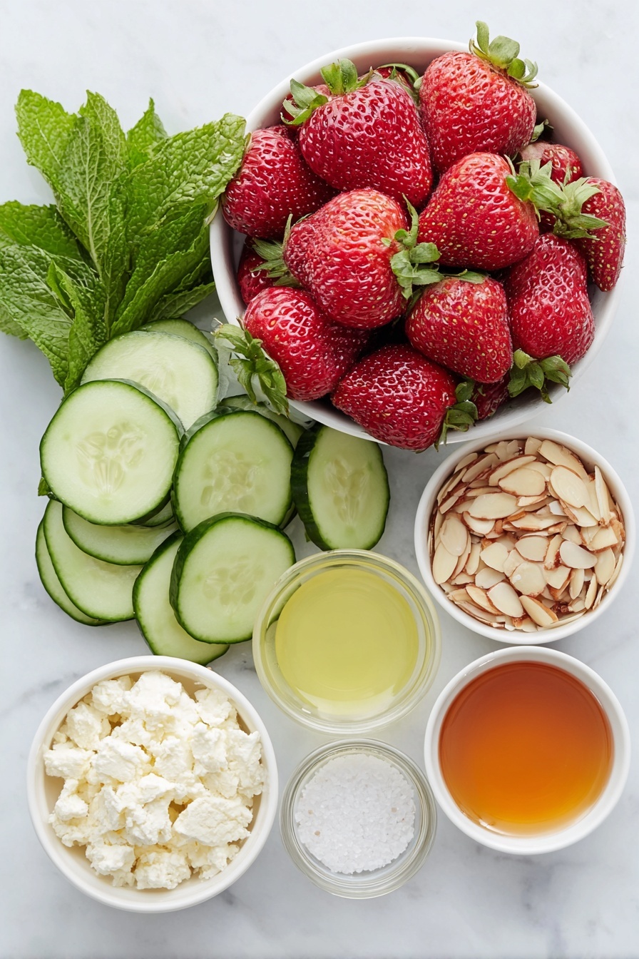 Flat lay of fresh red strawberries, thinly sliced bright green English cucumber rounds, a small white bowl of creamy crumbled feta cheese, a few sprigs of vibrant green fresh mint leaves, a small white bowl of toasted slivered almonds, a small white bowl of golden olive oil, a small white bowl of pale yellow fresh lemon juice, a small white bowl of amber honey, small piles of coarse black pepper and white salt crystals, all arranged with perfect symmetry on a clean white marble surface, soft natural light, photo taken with an iPhone, professional food photography style, fresh ingredients, white ceramic bowls, no bottles, no duplicates, no utensils, no packaging --ar 2:3 --v 7 --p m7354615311229779997 - Refreshing Cucumber Strawberry Salad, cucumber strawberry salad, healthy fruit salad, summer salad recipes, quick fruit salad