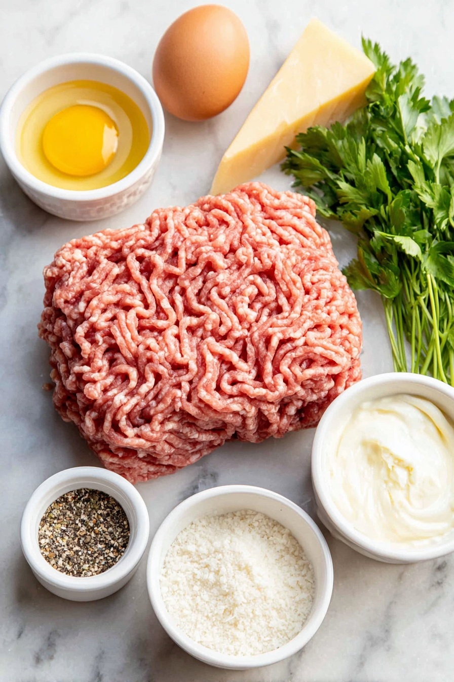 Flat lay of fresh ground turkey formed into a rough mound, a single large brown egg with a clean shell, a small white ceramic bowl holding bright green fresh parsley sprigs, another small white bowl containing coarse cracked black pepper, a small white bowl with fine white garlic powder, a quarter wedge of pale yellow Parmesan cheese with a natural rind, a small white bowl of thick heavy cream, a small white bowl of fine white salt crystals, and a small white bowl with granulated white garlic, all arranged with perfect symmetry in natural light on a clean white marble surface, soft natural light, photo taken with an iPhone, professional food photography style, fresh ingredients, white ceramic bowls, no bottles, no duplicates, no utensils, no packaging --ar 2:3 --v 7 --p m7354615311229779997 - Keto Turkey Meatballs in Creamy Parmesan Sauce, low-carb turkey meatballs, creamy keto meatball recipe, easy keto dinner ideas, keto comfort food