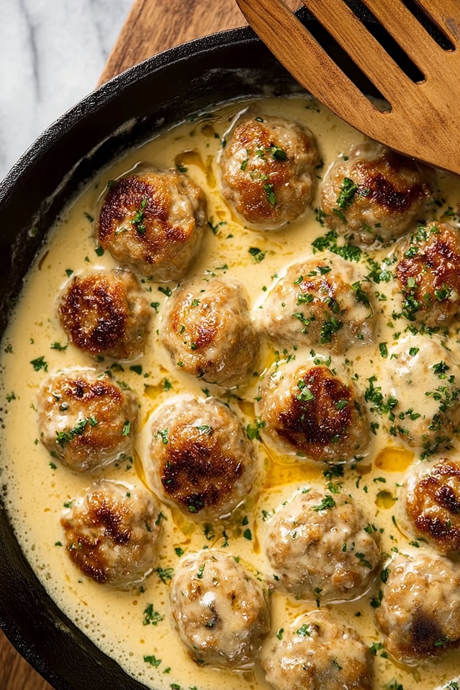 The image shows a black cast iron skillet filled with round, golden brown meatballs in a creamy, light yellow sauce that looks smooth and thick. The meatballs have a slightly crispy texture on the outside and are scattered evenly through the sauce. Small bits of green herbs are sprinkled on the meatballs and sauce, adding a touch of color. There is a light amber oil or butter sheen floating on the surface of the sauce. The skillet is placed on a wooden surface, and a wooden spatula with slats is resting on the edge of the skillet. The background is a white marbled texture. photo taken with an iphone --ar 2:3 --v 7 - Keto Turkey Meatballs in Creamy Parmesan Sauce, low-carb turkey meatballs, creamy keto meatball recipe, easy keto dinner ideas, keto comfort food