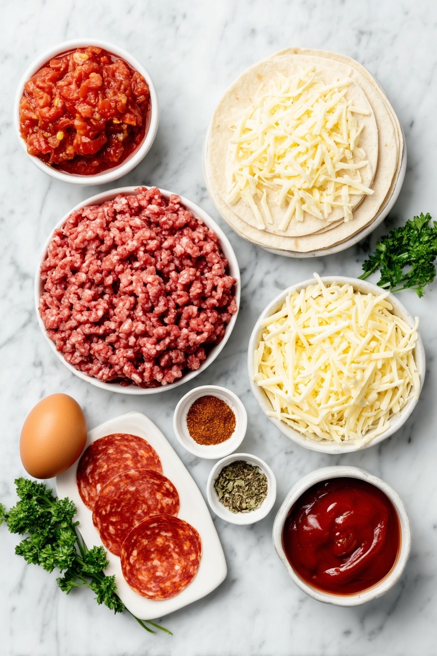 Flat lay of a small bowl of crushed bright red tomatoes, a small bowl of deep red tomato paste, a handful of fresh flat-leaf parsley sprigs, a small white bowl containing dried oregano leaves, a small white bowl with a mixed blend of onion powder, garlic powder, and smoked paprika finely ground, a mound of raw lean ground beef in natural red and pink hues, coarsely chopped slices of vibrant red pepperoni, a neat pile of shredded low-fat mozzarella cheese in creamy white strands, six large plain white flour wraps stacked evenly, whole brown eggs with smooth clean shells, all arranged in perfect symmetry on simple white ceramic bowls and plates placed on a clean white marble surface, soft natural light, photo taken with an iPhone, professional food photography style, fresh ingredients, white ceramic bowls, no bottles, no duplicates, no utensils, no packaging --ar 2:3 --v 7 --p m7354615311229779997 - High Protein Pepperoni Pizza Rolls, healthy pizza snacks, protein-packed pizza rolls, easy homemade pizza rolls, quick game night snacks