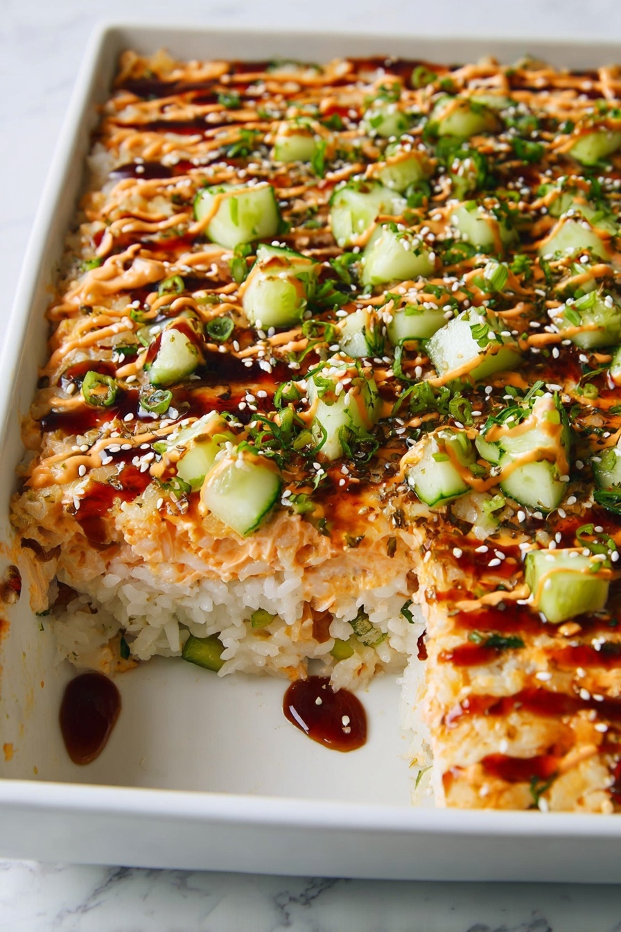 The image shows a white rectangular dish with a multi-layered food inside. The bottom layer is white rice mixed with small green bits. The middle layer appears to be a light orange creamy mixture that looks soft and fluffy. On top, there are evenly spread small cubes of green cucumber and fresh green herbs sprinkled all over. The top is finished with two sauces drizzled in lines: one creamy light orange and the other a dark brown shiny sauce. Some sesame seeds or small white seeds are scattered over the top. A section of the dish has been scooped out, showing the layers clearly against a white marbled surface. photo taken with an iphone --ar 2:3 --v 7 - Spicy Crab Sushi Bake, sushi bake recipe, crab sushi casserole, baked sushi dish, spicy seafood appetizer