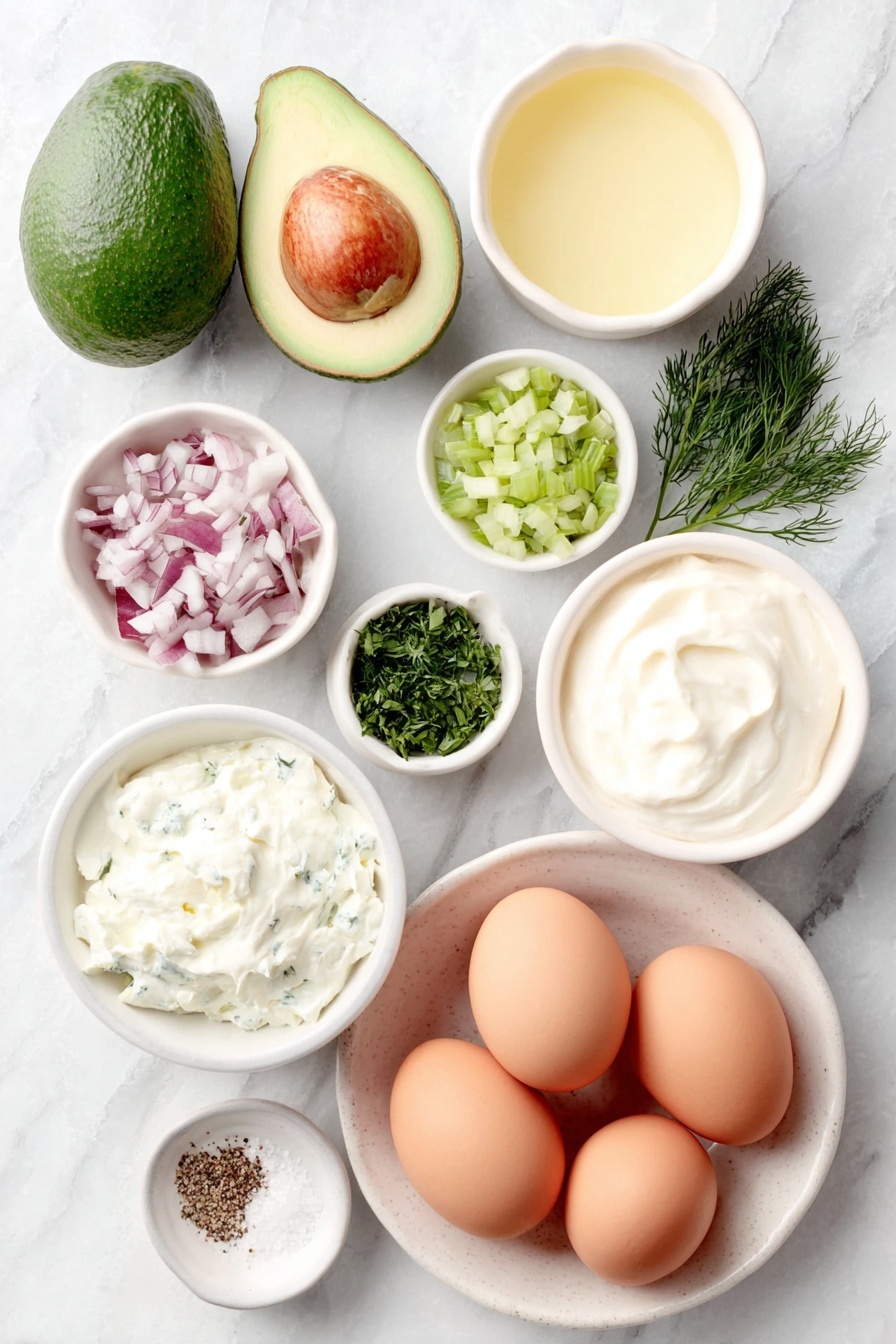 Flat lay of two small ripe whole avocados, four whole uncracked brown eggs, a small pile of finely chopped red onion, a small pile of finely chopped celery, a small bunch of fresh parsley sprigs, a small white bowl of dried dill, a small white bowl of plain Greek yogurt, a small white bowl of Dijon mustard, a small white bowl of fresh lemon juice, a small white bowl of kosher salt, a small white bowl of freshly ground black pepper, all arranged symmetrically on a clean white marble surface, soft natural light, photo taken with an iPhone, professional food photography style, fresh ingredients, white ceramic bowls, no bottles, no duplicates, no utensils, no packaging --ar 2:3 --v 7 --p m7354615311229779997 - Herby Avocado Egg Salad, avocado egg salad, healthy egg salad, quick egg salad recipe, fresh herb egg salad