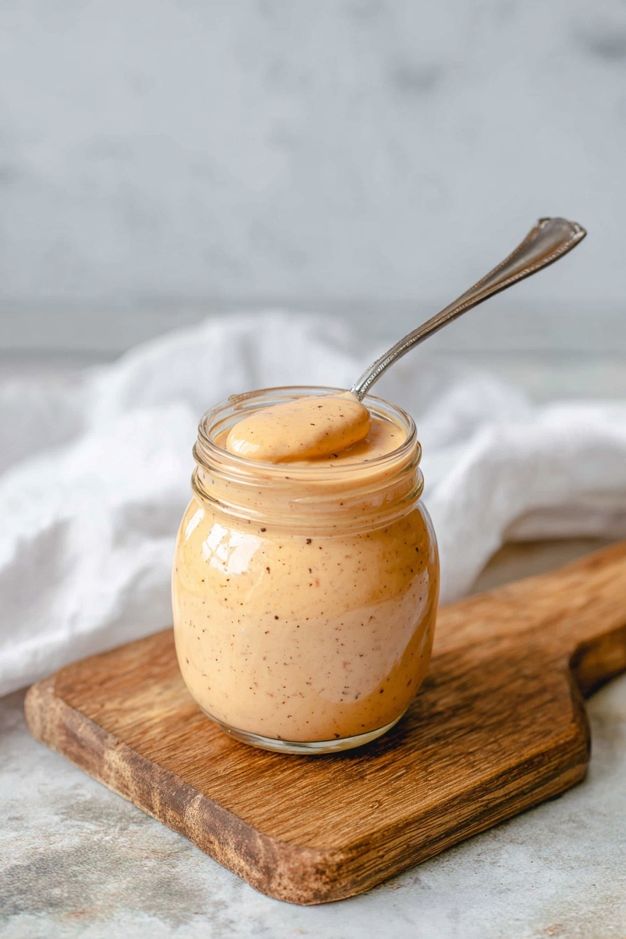 A clear glass bowl filled with a thick, light brown sauce with specks of seasoning sits on a light wooden cutting board. Next to the bowl on the cutting board are crinkle-cut fries, golden yellow in color with slightly browned edges. A few fries lie scattered on a white marbled surface in front of the cutting board. A white cloth with a blue stripe is casually placed behind the cutting board, all against a smooth pale grey background. photo taken with an iphone --ar 2:3 --v 7 - Copycat Raising Cane's Sauce, Raising Cane's Dip, Homemade Raising Cane's Sauce, Easy Cane's Sauce, Restaurant Style Cane's Sauce