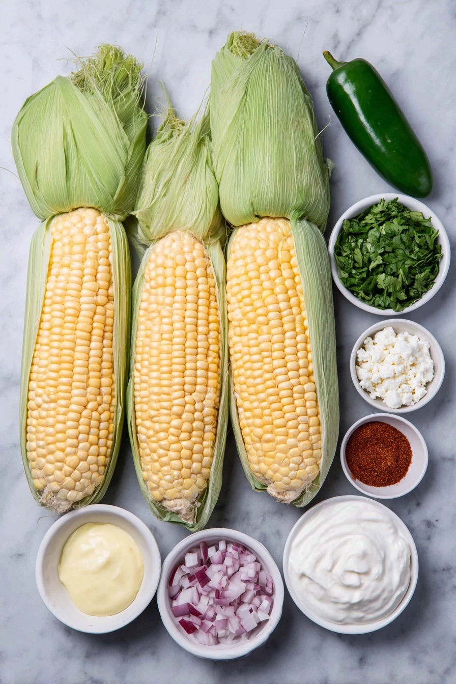 Flat lay of four fresh golden corn ears with green husks partially peeled back, a small mound of bright green chopped cilantro, a small pile of white crumbled cotija cheese, two uncracked brown garlic cloves, one fresh green jalapeno sliced in half showing seeds, a small heap of diced vibrant red onion, a small white ceramic bowl with creamy plain Greek yogurt, another small white bowl containing smooth pale yellow mayonnaise, a small white bowl filled with bright fresh lime juice, and small white bowls each with reddish paprika powder, deep red chili powder, coarse sea salt crystals, and ground black peppercorns, arranged in perfect symmetry on a clean white marble surface, soft natural light, photo taken with an iPhone, professional food photography style, fresh ingredients, white ceramic bowls, no bottles, no duplicates, no utensils, no packaging --ar 2:3 --v 7 --p m7354615311229779997 - Grilled Street Corn Salad with Greek Yogurt, Mexican street corn salad, grilled corn side dish, healthy corn salad recipe, summer vegetable salad