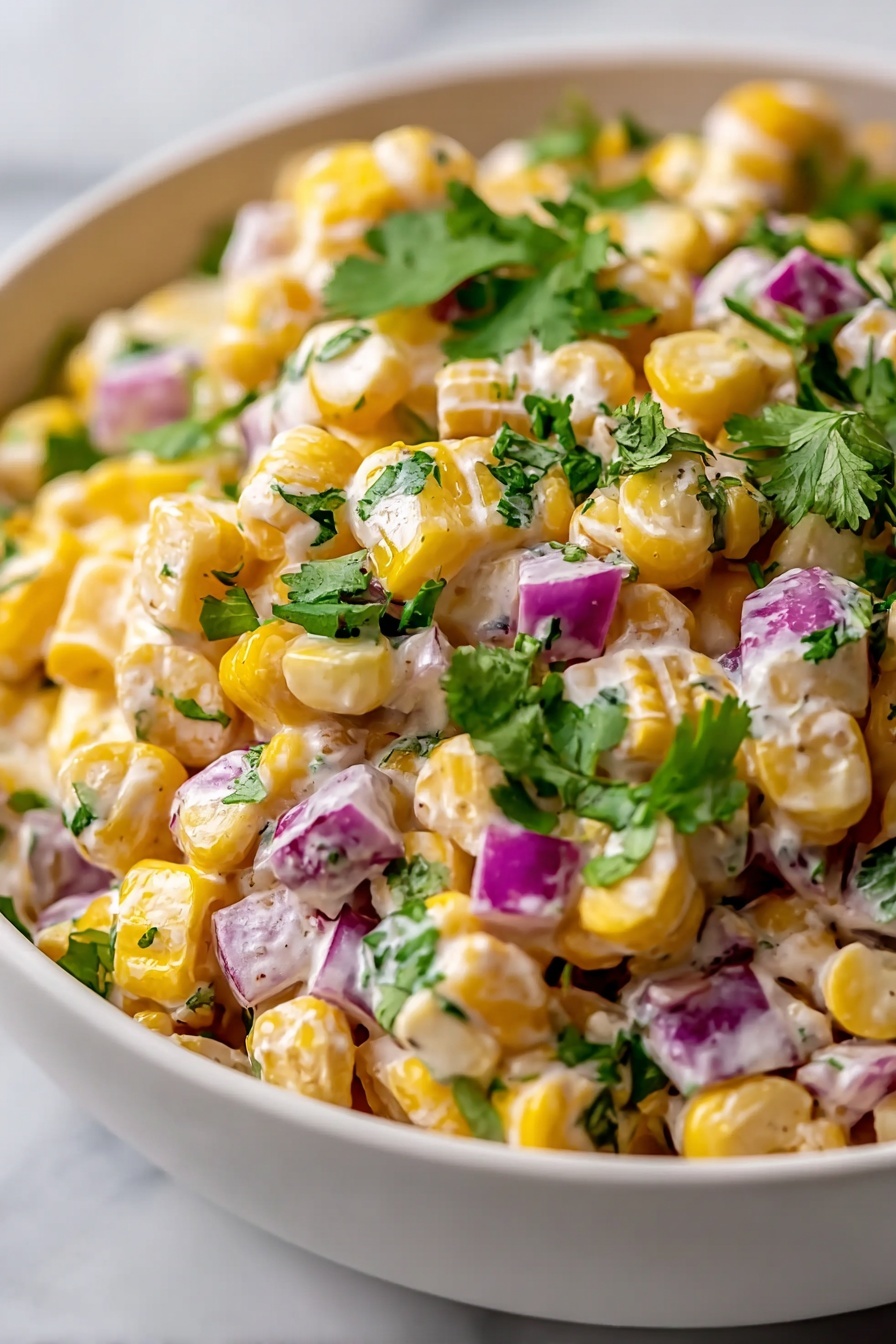 The image shows a close-up of a white bowl filled with a corn salad. The salad has three main layers: bright yellow corn kernels that are plump and shiny, small cubes of purple-red onions, and fresh green cilantro leaves. The ingredients are mixed with a creamy white dressing that lightly coats the corn and onions, adding a smooth texture. The white bowl sits on a white marbled surface, making the colors of the salad stand out vividly. photo taken with an iphone --ar 2:3 --v 7 - Grilled Street Corn Salad with Greek Yogurt, Mexican street corn salad, grilled corn side dish, healthy corn salad recipe, summer vegetable salad