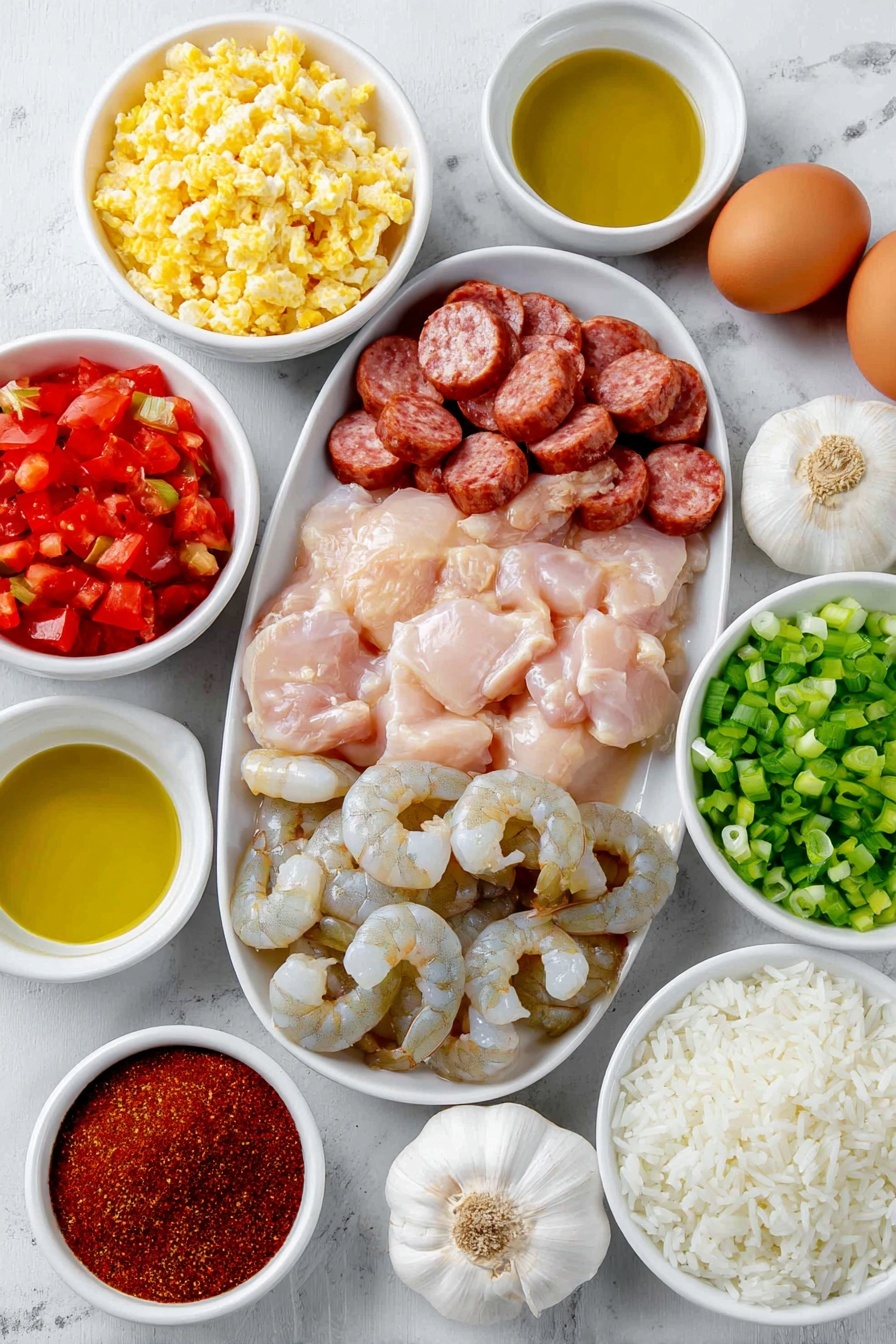 Flat lay of a raw whole chicken breast cut into one-inch pieces on a simple white ceramic plate, several slices of fresh andouille sausage arranged neatly on another white ceramic plate, a small white bowl of golden cooking oil, chopped yellow onion in a white ceramic bowl, chopped green bell pepper in a white ceramic bowl, chopped celery in a white ceramic bowl, thinly sliced white bottoms of green onions and separately the green tops arranged on a white ceramic dish, three whole uncracked garlic cloves beside a small white ceramic bowl with minced garlic, a small white bowl filled with clear chicken broth, long grain white rice in a white ceramic bowl, a small white bowl with freshly diced red tomatoes with juice, a small white bowl containing reddish Cajun seasoning powder, a whole raw peeled and deveined shrimp artistically fanned out on a white ceramic plate, and two uncracked brown eggs placed close by — all arranged with perfect symmetry and realistic proportions, placed on a clean white marble surface, soft natural light, photo taken with an iPhone, professional food photography style, fresh ingredients, white ceramic bowls, no bottles, no duplicates, no utensils, no packaging --ar 2:3 --v 7 --p m7354615311229779997 - Easy Instant Pot Jambalaya, Cajun Instant Pot dinner, quick jambalaya recipe, one-pot Cajun dish, flavorful Instant Pot meal