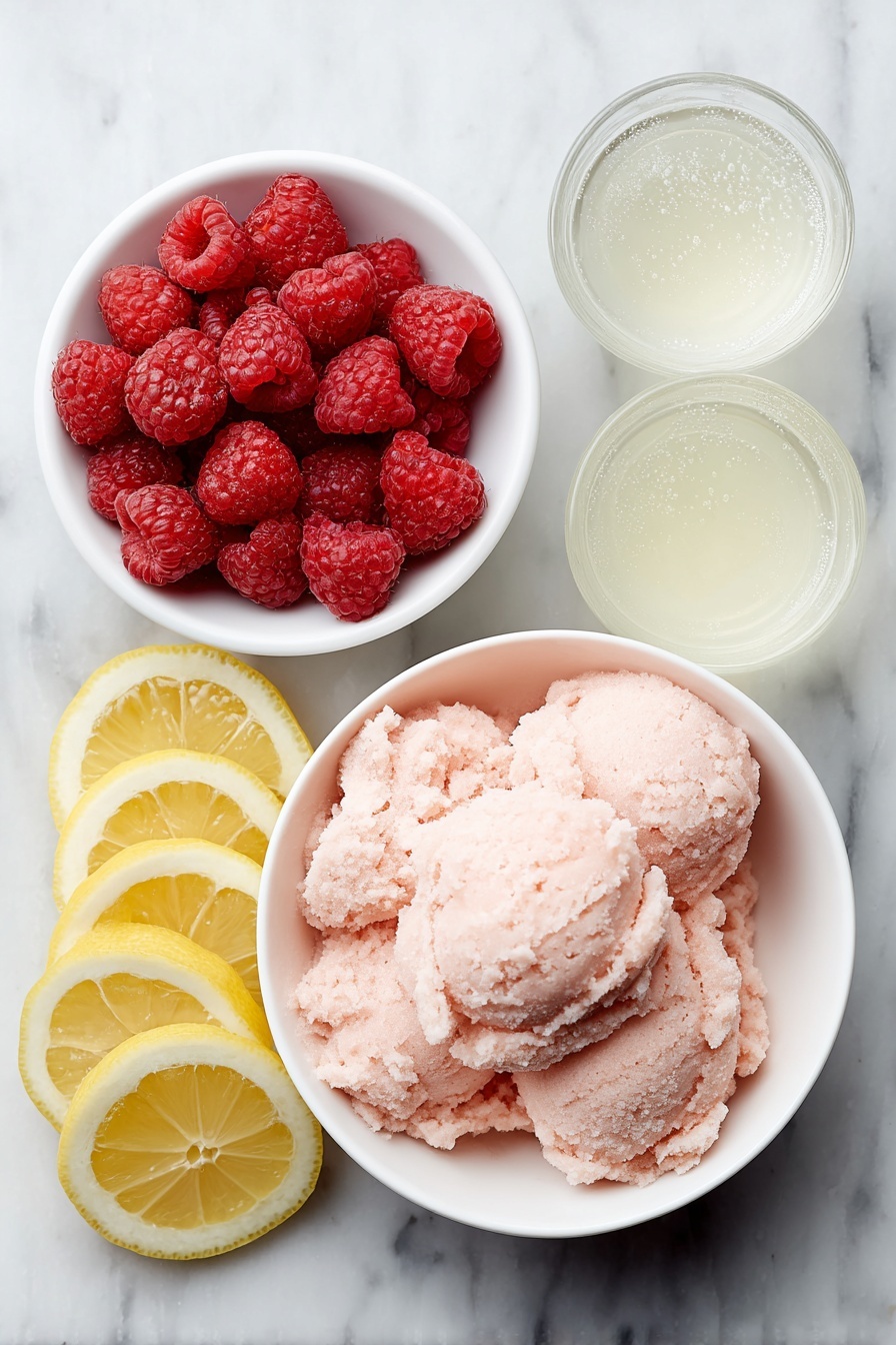 Flat lay of fresh lemon slices arranged neatly, a handful of bright red raspberries, scoops of vibrant pink raspberry sorbet in a simple white ceramic bowl, a small white bowl filled with pale yellow lemonade, and another small white bowl with clear bubbly ginger ale, all placed on a clean white marble surface, soft natural light, photo taken with an iPhone, professional food photography style, fresh ingredients, white ceramic bowls, no bottles, no duplicates, no utensils, no packaging --ar 2:3 --v 7 --p m7354615311229779997 - Baby Shower Raspberry Lemonade Punch, sparkling baby shower drinks, easy party punch recipes, raspberry lemonade beverage, festive non-alcoholic punch